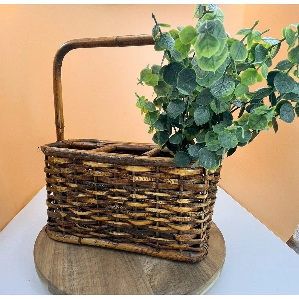 Vintage Tortoise Bamboo Utensil Caddy: Rustic Wicker Basket